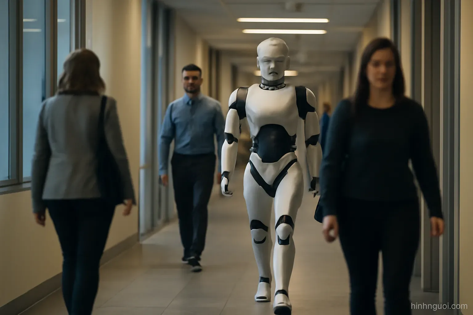 Robot hình người di chuyển trong hành lang có người đi lại