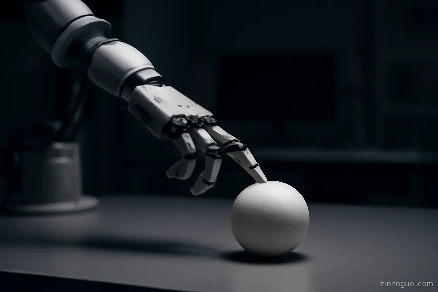 Robot hình người nhẹ nhàng chạm tay vào một quả bóng đặt trên bàn