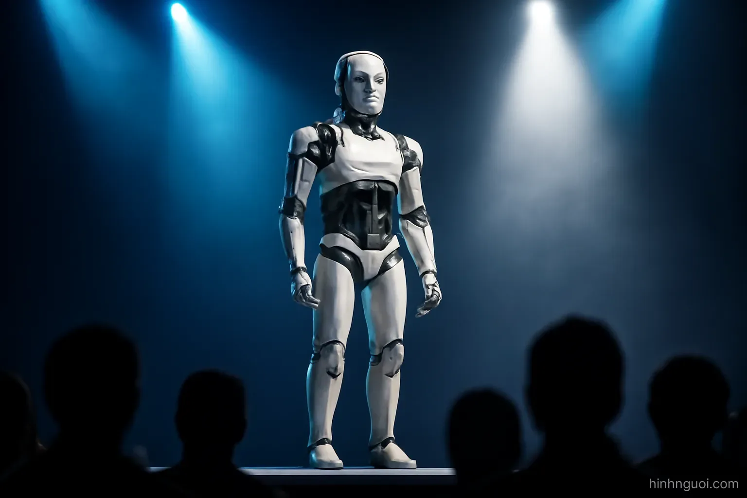 Robot hình người đứng trên bục giới thiệu trong sự kiện công nghệ