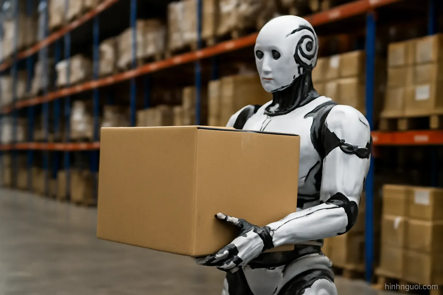 Robot hình người ôm một thùng hàng bằng hai tay trước ngực