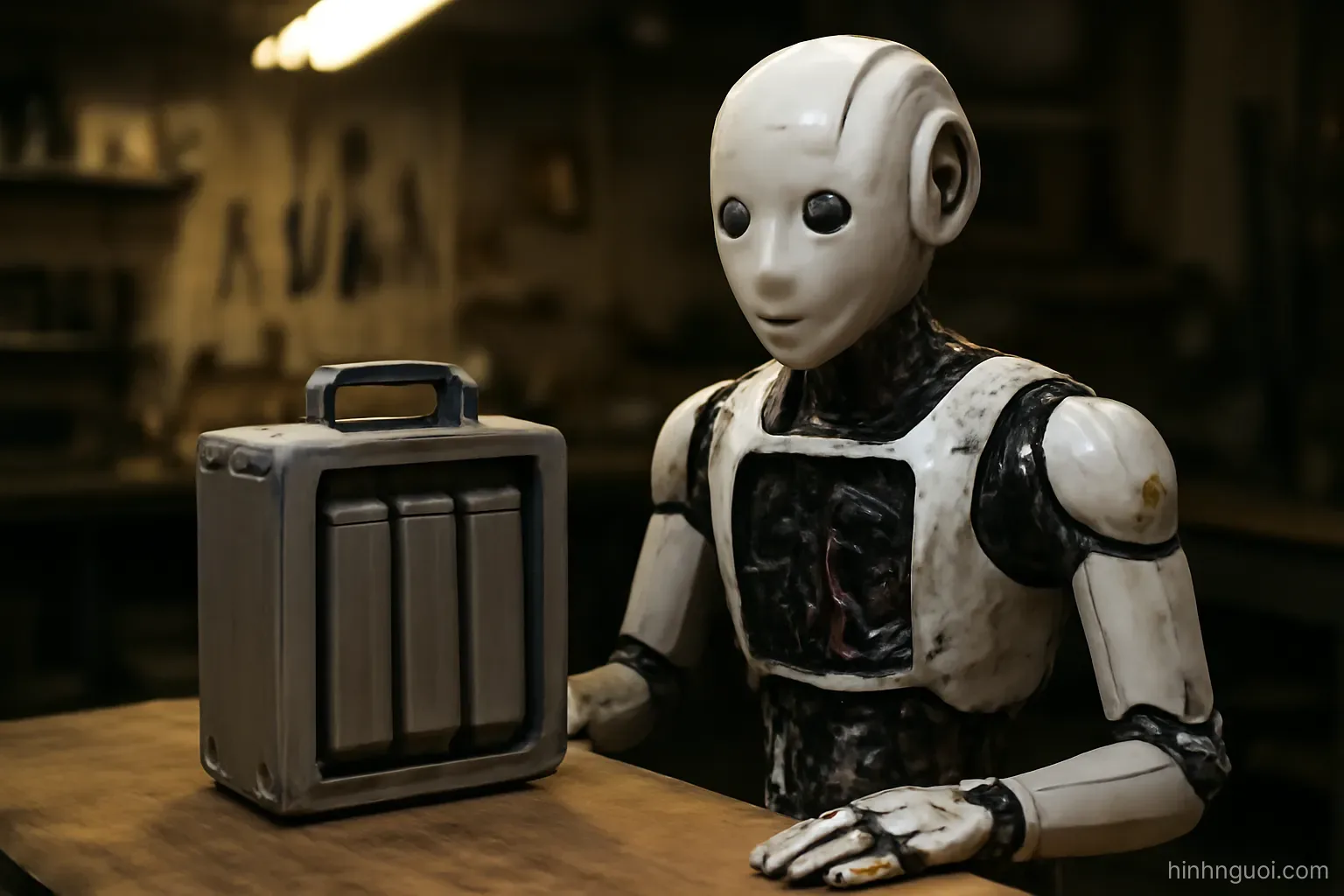 Cụm pin của robot hình người được tháo ra đặt trên bàn bảo trì