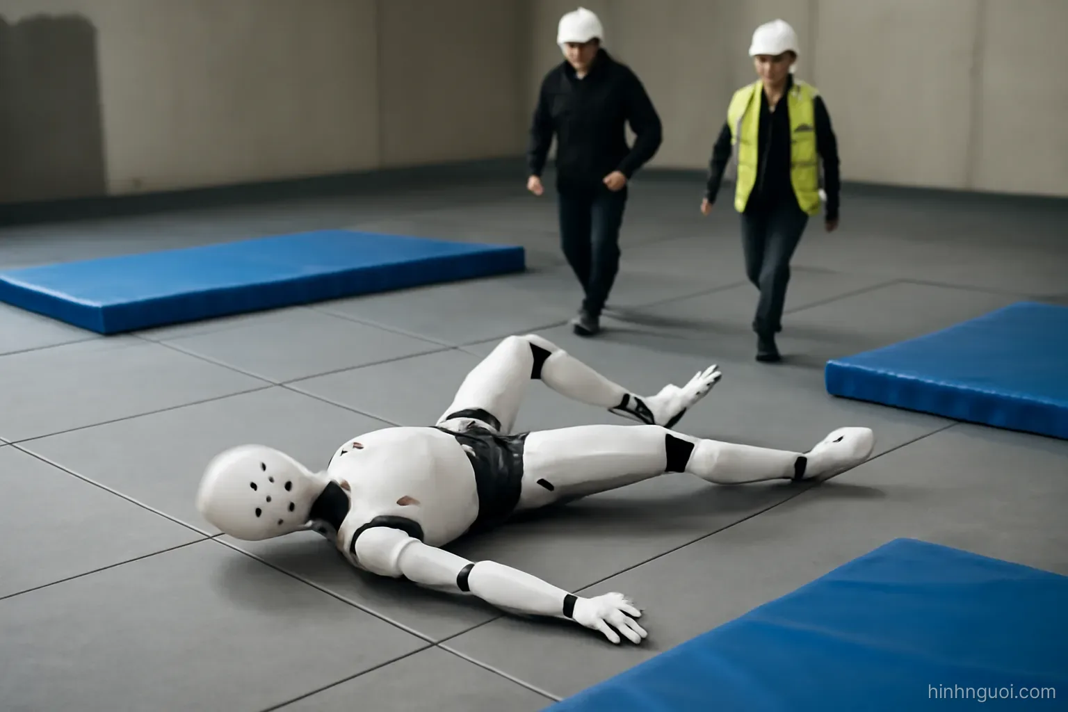 Robot hình người nằm trên sàn có đệm sau khi ngã trong thử nghiệm