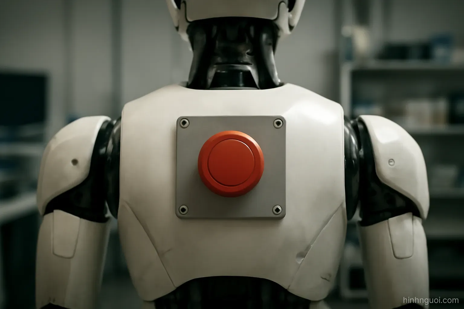 Nút dừng khẩn cấp màu đỏ gắn trên lưng robot hình người