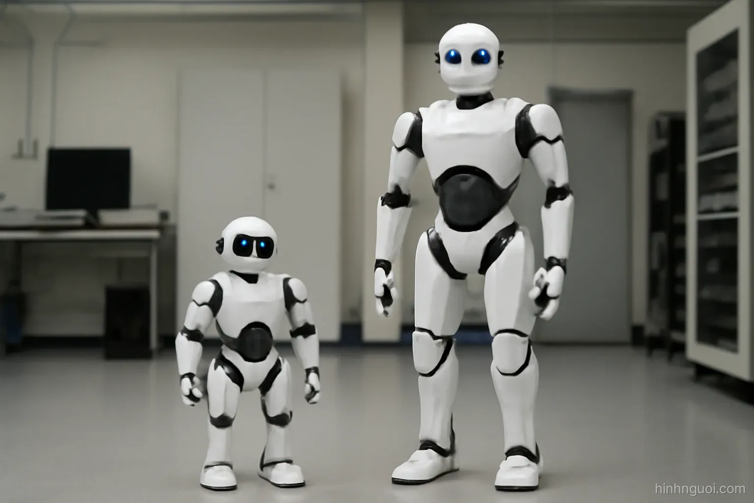 Robot hình người cỡ nhỏ đặt cạnh một robot cỡ người để so sánh kích thước