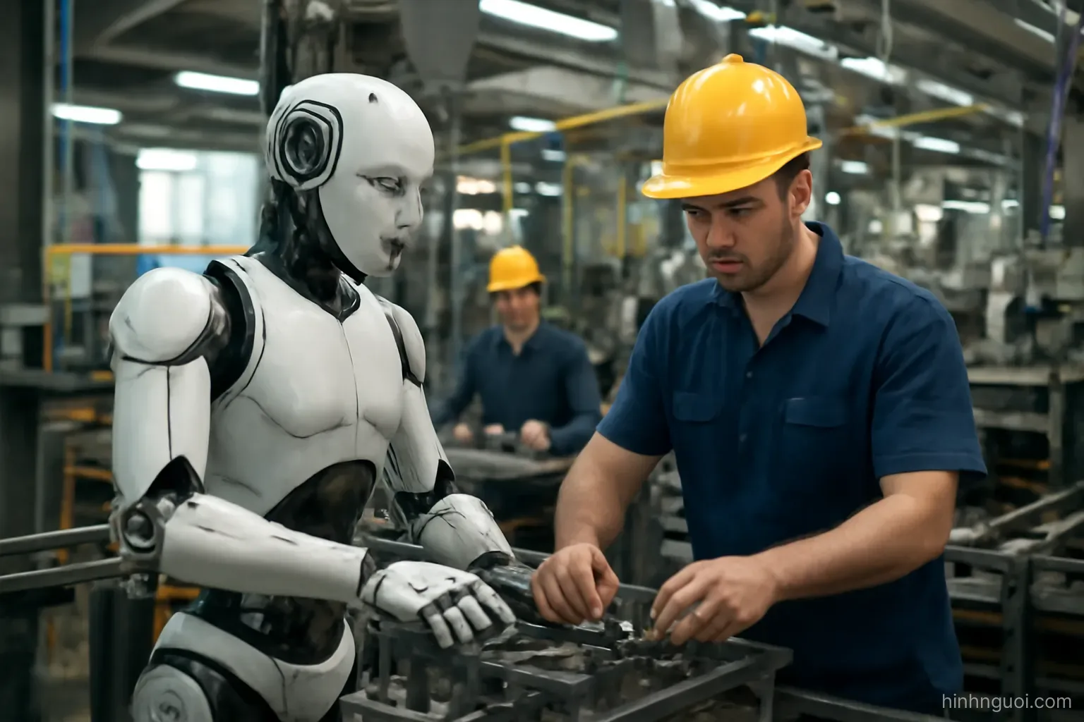 Robot hình người làm việc cùng công nhân tại xưởng sản xuất