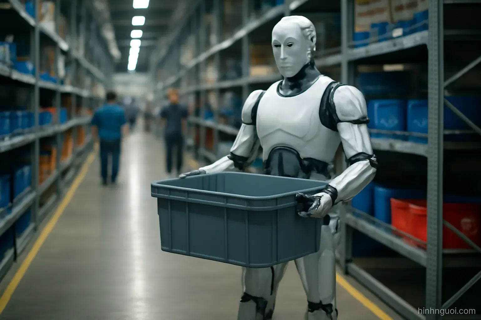 Robot hình người mang một thùng hàng đi trong hành lang nhà máy