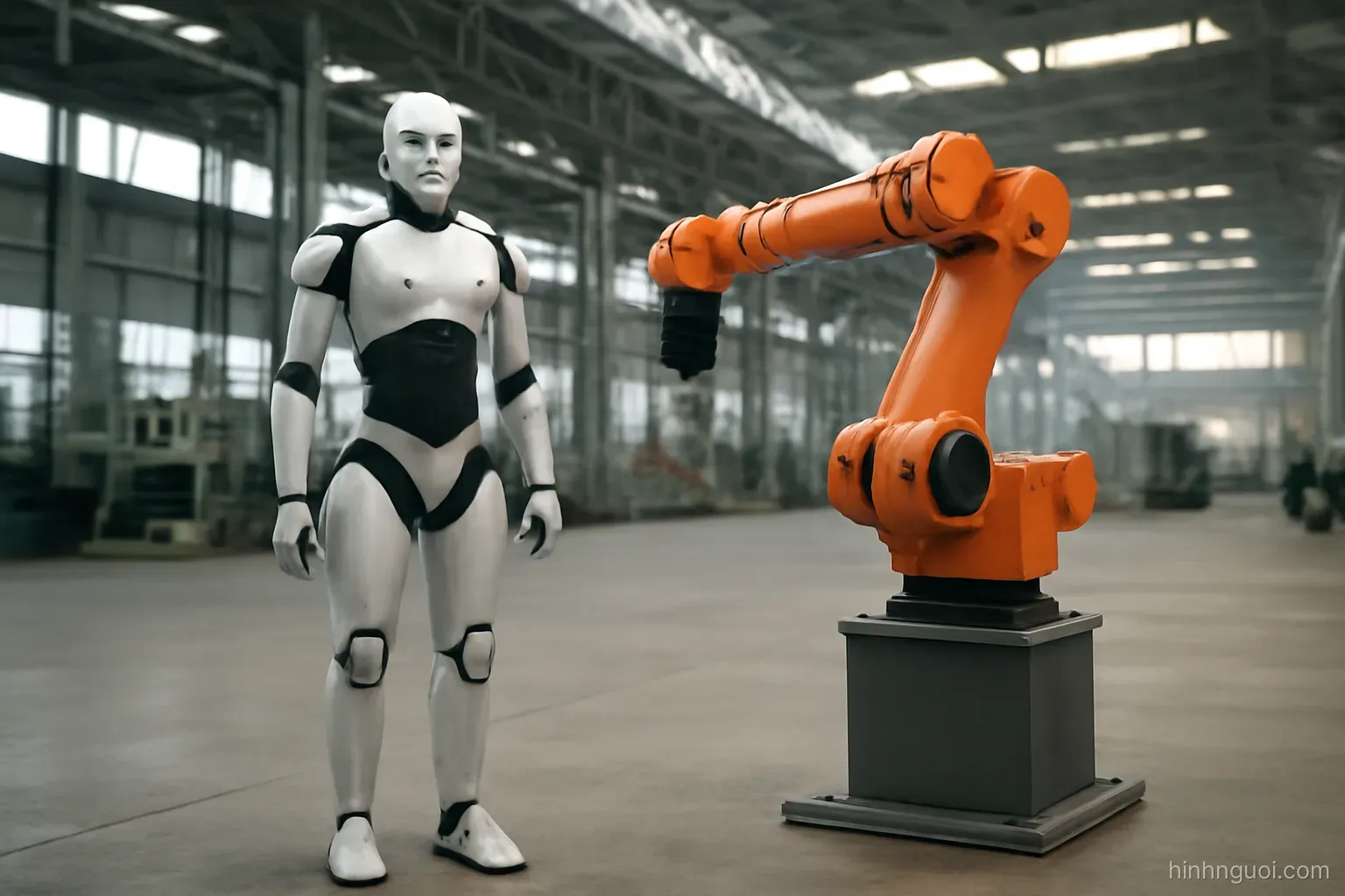 Robot hình người đứng cạnh một cánh tay robot công nghiệp gắn cố định
