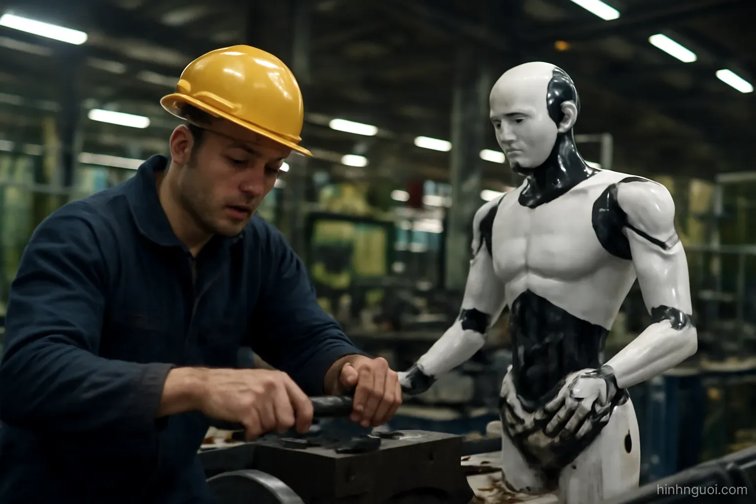 Công nhân và robot hình người cùng làm việc trong một khu vực sản xuất