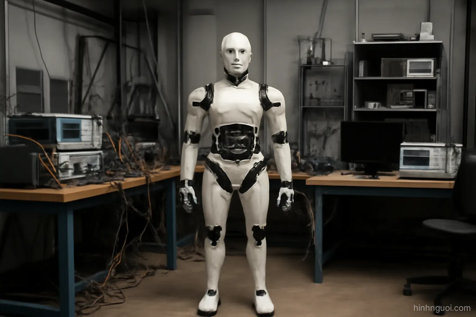 Robot hình người trong phòng thí nghiệm với nhiều cáp và thiết bị đo xung quanh