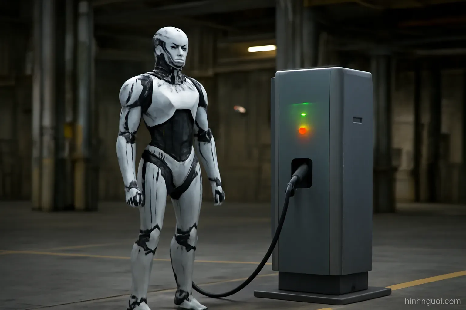 Robot hình người đang đứng tại trạm sạc trong nhà xưởng