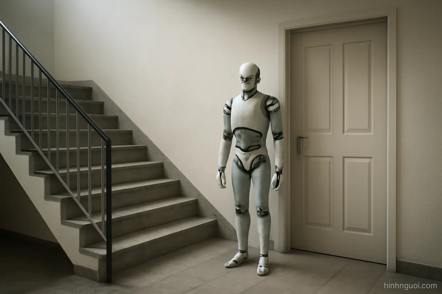 Robot hình người đứng cạnh một cầu thang và một cánh cửa trong nhà